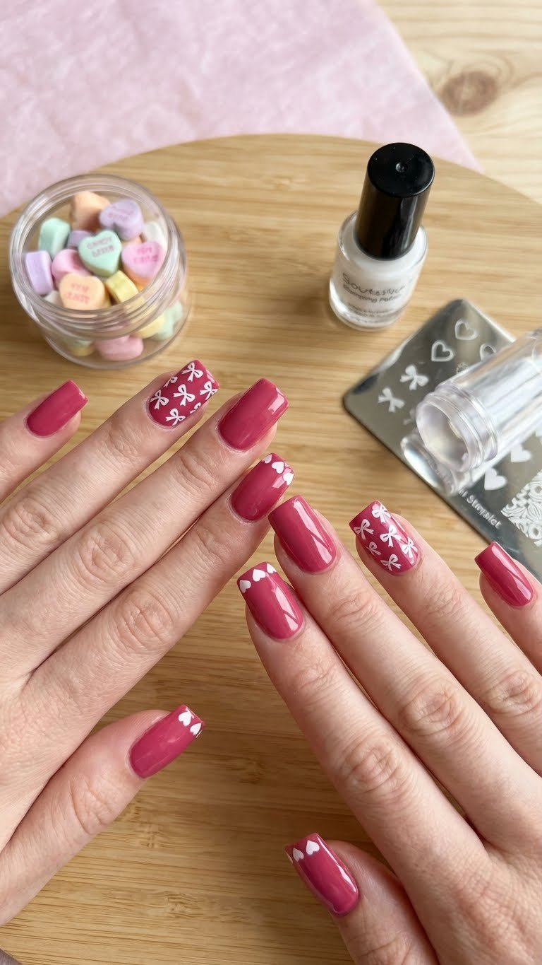 Cute medium square nails with raspberry pink base, white heart & bow stamping for a playful Valentine's Day manicure.