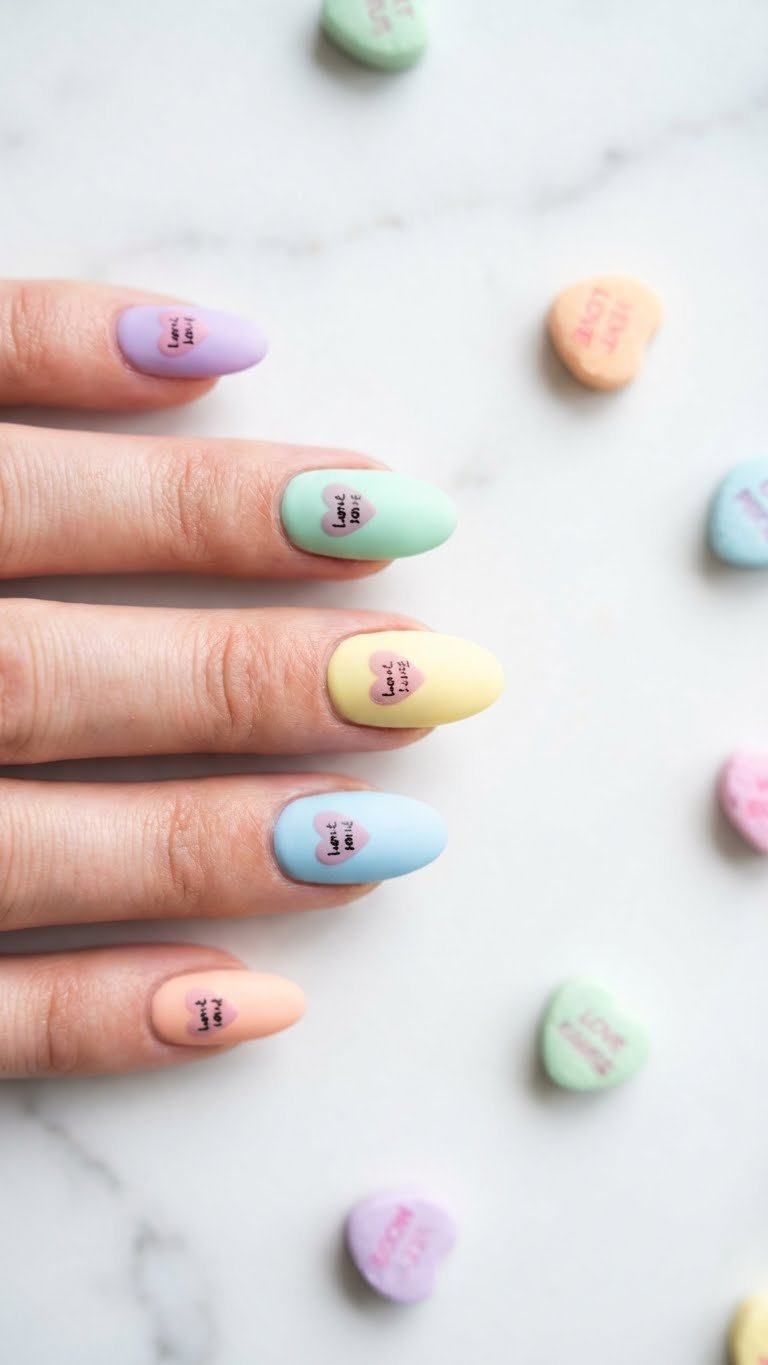 Cute pastel candy heart nail art with matte designs on each nail. Flat lay on marble, surrounded by scattered candies.