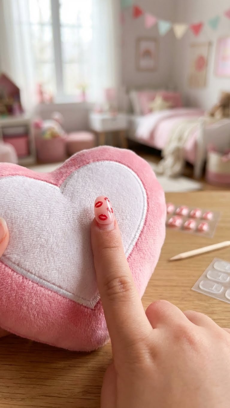 Cute red lip kiss press-on nails on light pink for toddlers, shown on fingertip. Easy Valentine's Day nail designs.