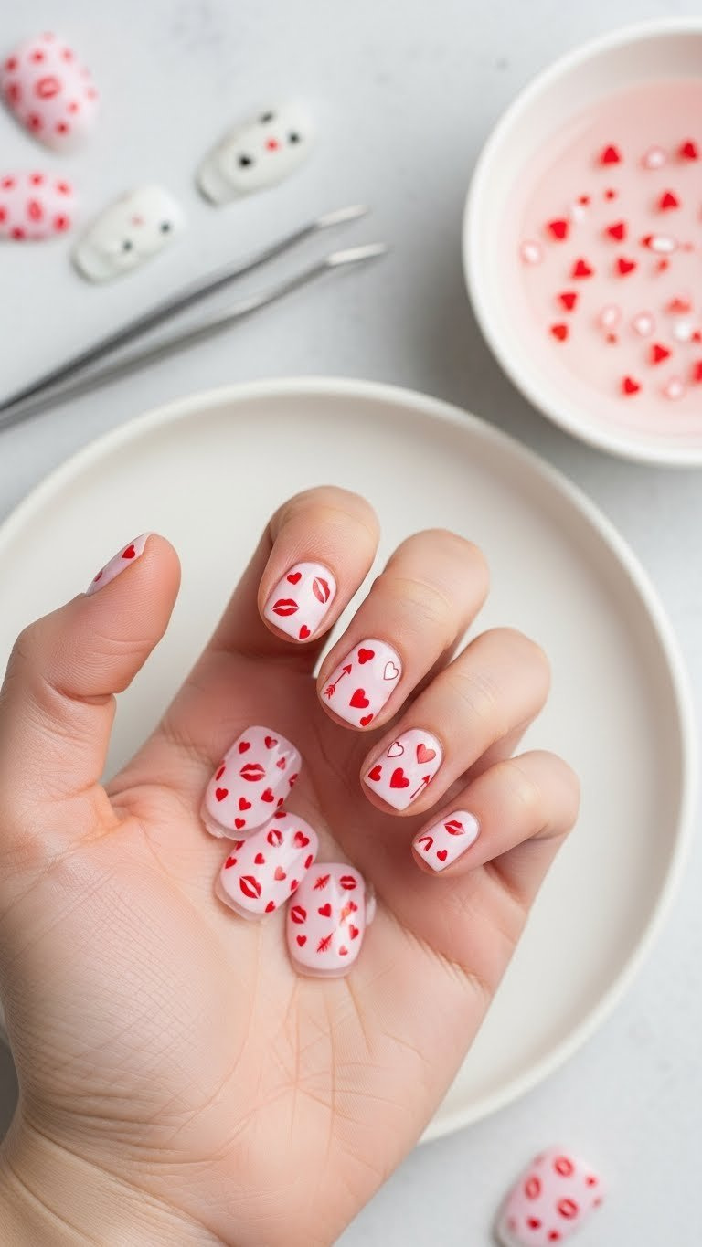 Cute short Valentine's Day nails with tiny lips, hearts, arrow water decals on a pale pink base, with tweezers.