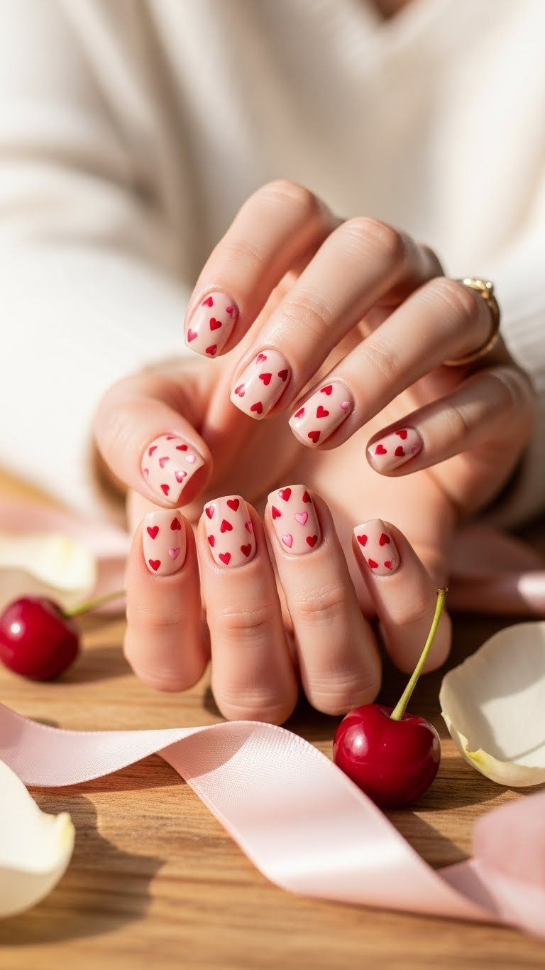 Cute short round Valentine's Day nails with delicate red heart accents on a nude base, on a rustic table.