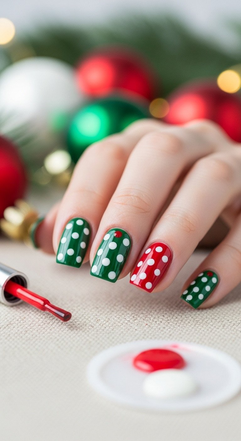 DIY Christmas nail art: precise white and red polka dots over deep emerald green gel polish. Festive holiday manicure.