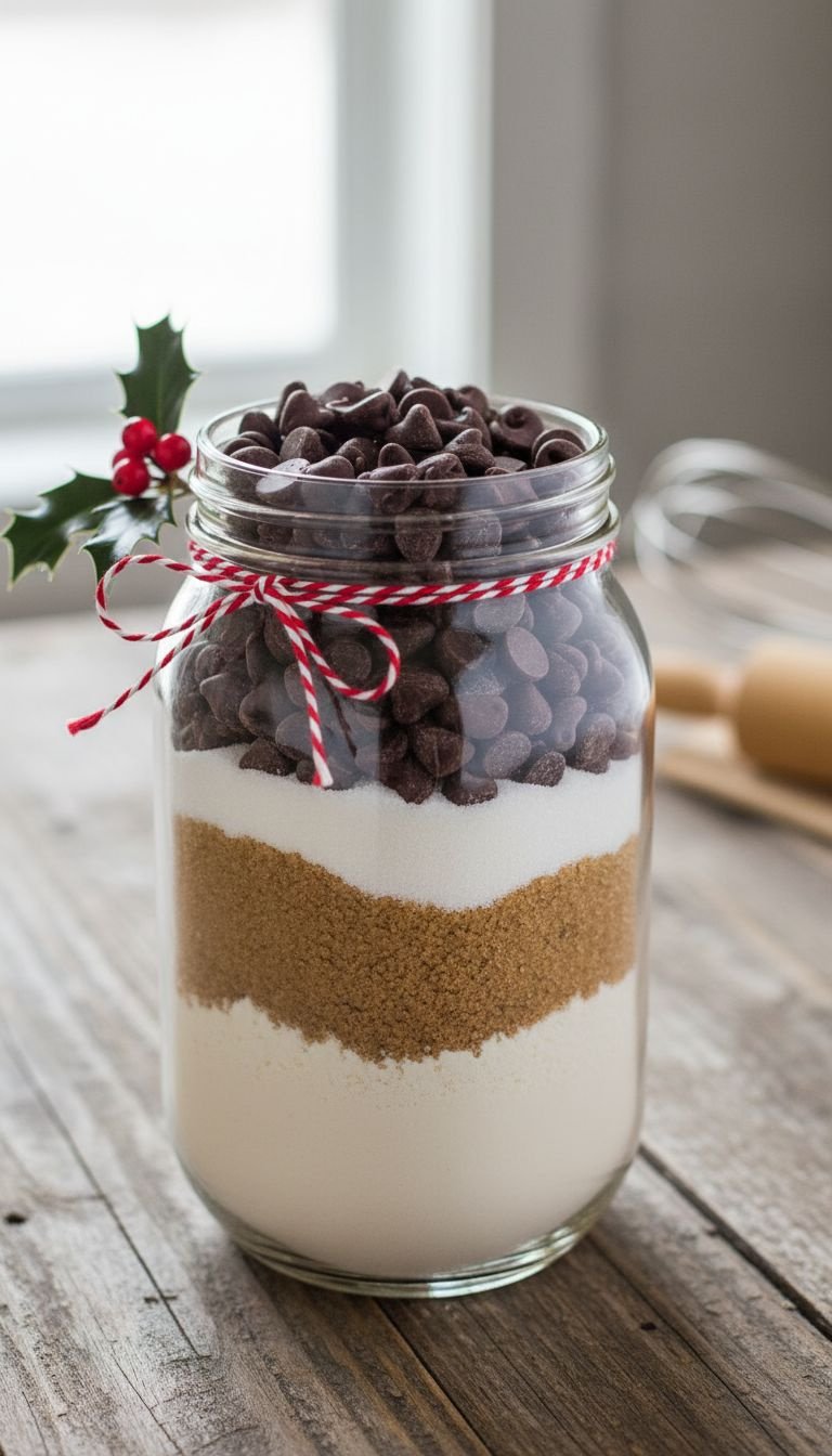 DIY chocolate chip cookie mix layered in a mason jar, tied with festive twine on a rustic kitchen table.