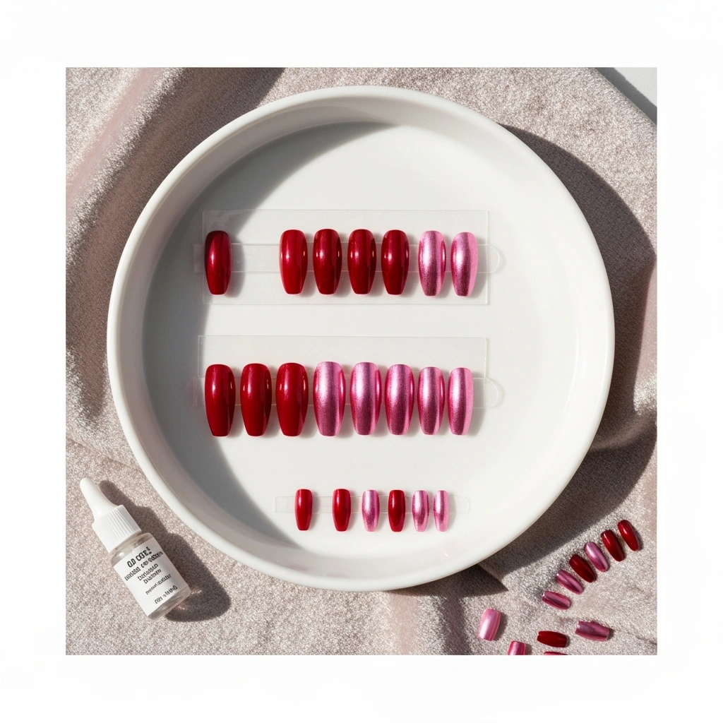 DIY chrome press-on nails in red and pink shades, mirror and glazed finishes, organized in tray with glue.