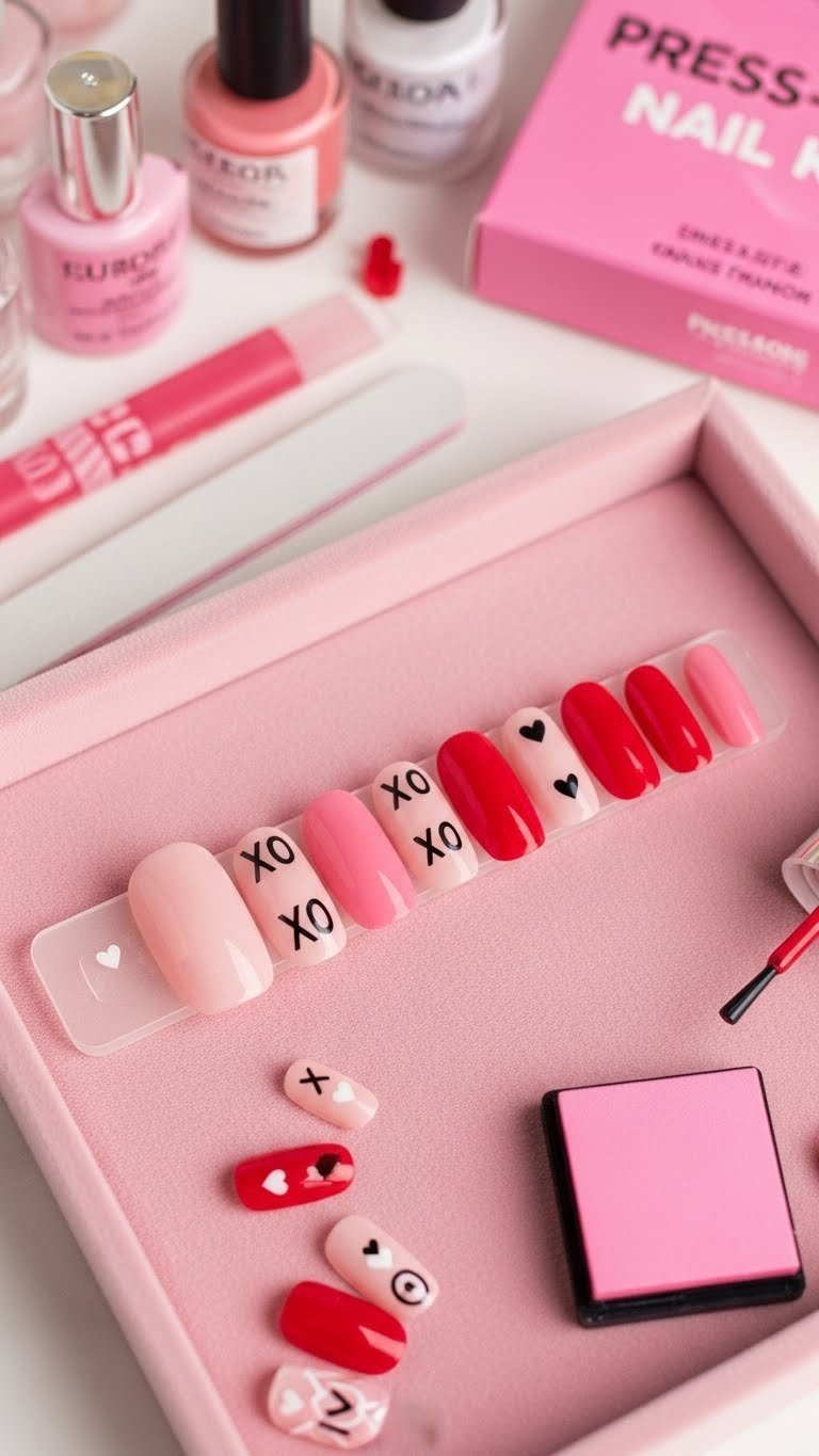 DIY custom long squoval press-on nails in pink and red with black XO designs, nail kit, and stamp pad.