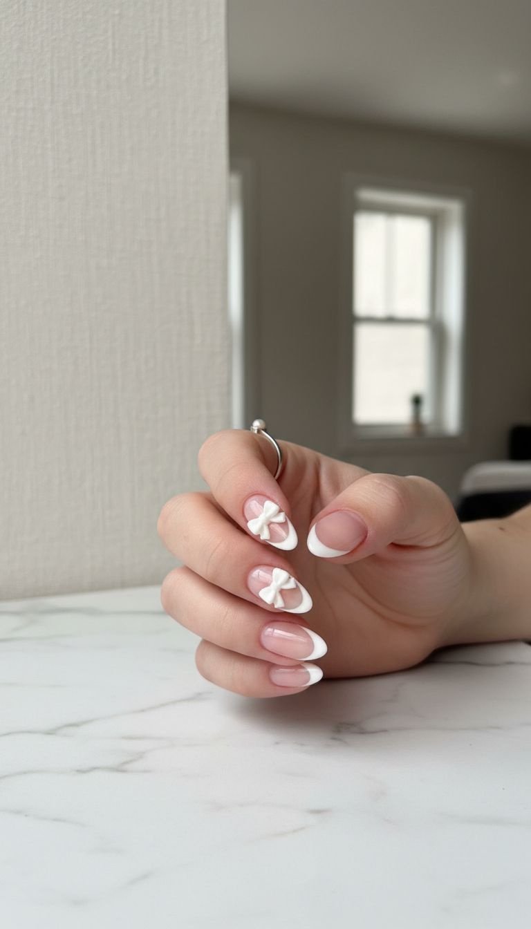 Dainty coquette nail art features two small 3D white acrylic bows near cuticles on almond-shaped nails with sheer pink base and white French tips, on marble with silver ring.