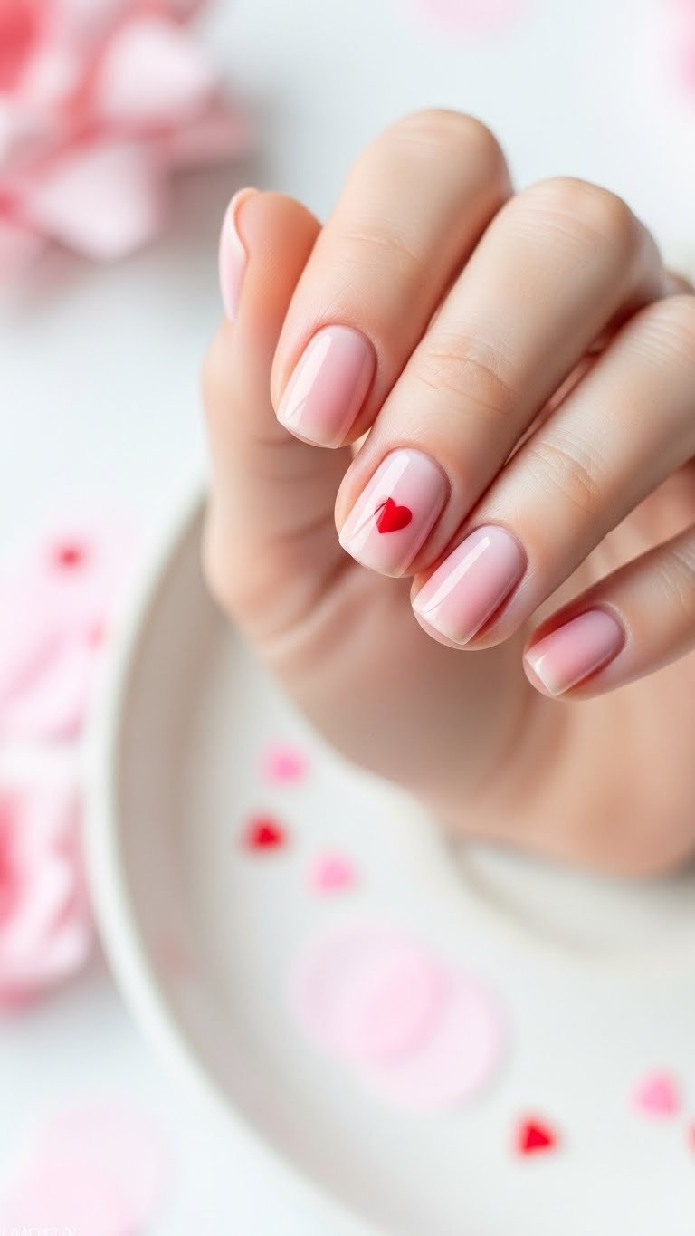 Dainty pink aura nails with tiny red heart stickers on short fingernails, surrounded by pink confetti. Fresh, clean nail art.