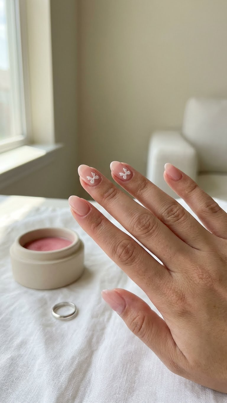 Dainty short almond nails with soft blush pink sheer base, small white bow decals on accent fingers for a subtle Valentine's Day manicure.