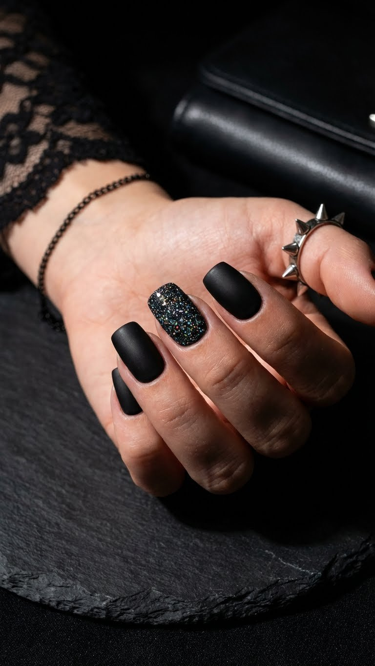 Dark black glitter accent nails: matte black with holographic glitter nail. Sparkle with a spike ring on dark slate, "anti-Valentine's Day" style.