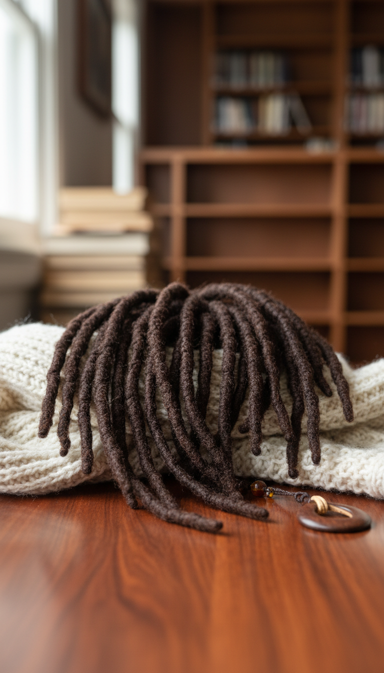 Dark chocolate brown faux locs, medium-thick with natural texture & defined roots, styled with a knitted scarf & earthy jewelry.