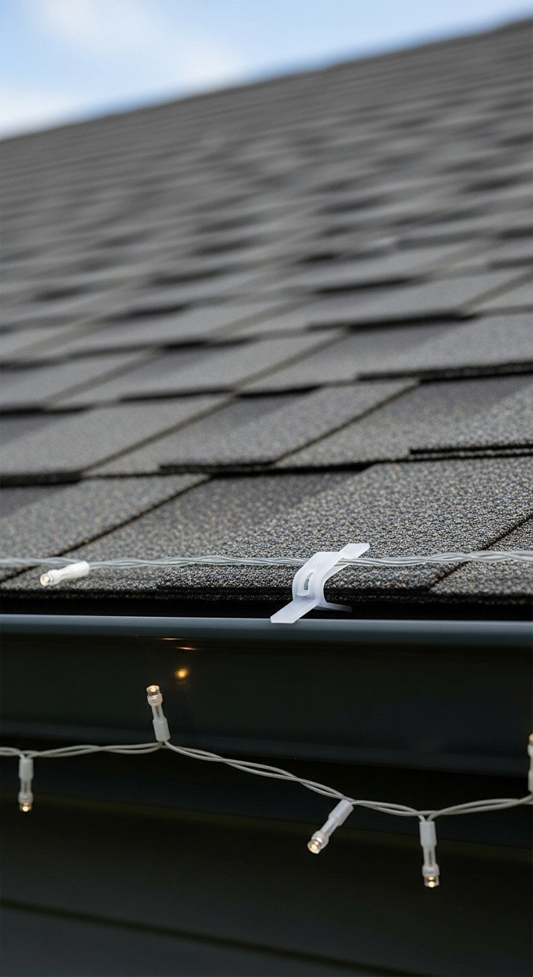 Dark gray asphalt shingle roofline with plastic shingle clips securing warm white mini LED lights, soft daylight.