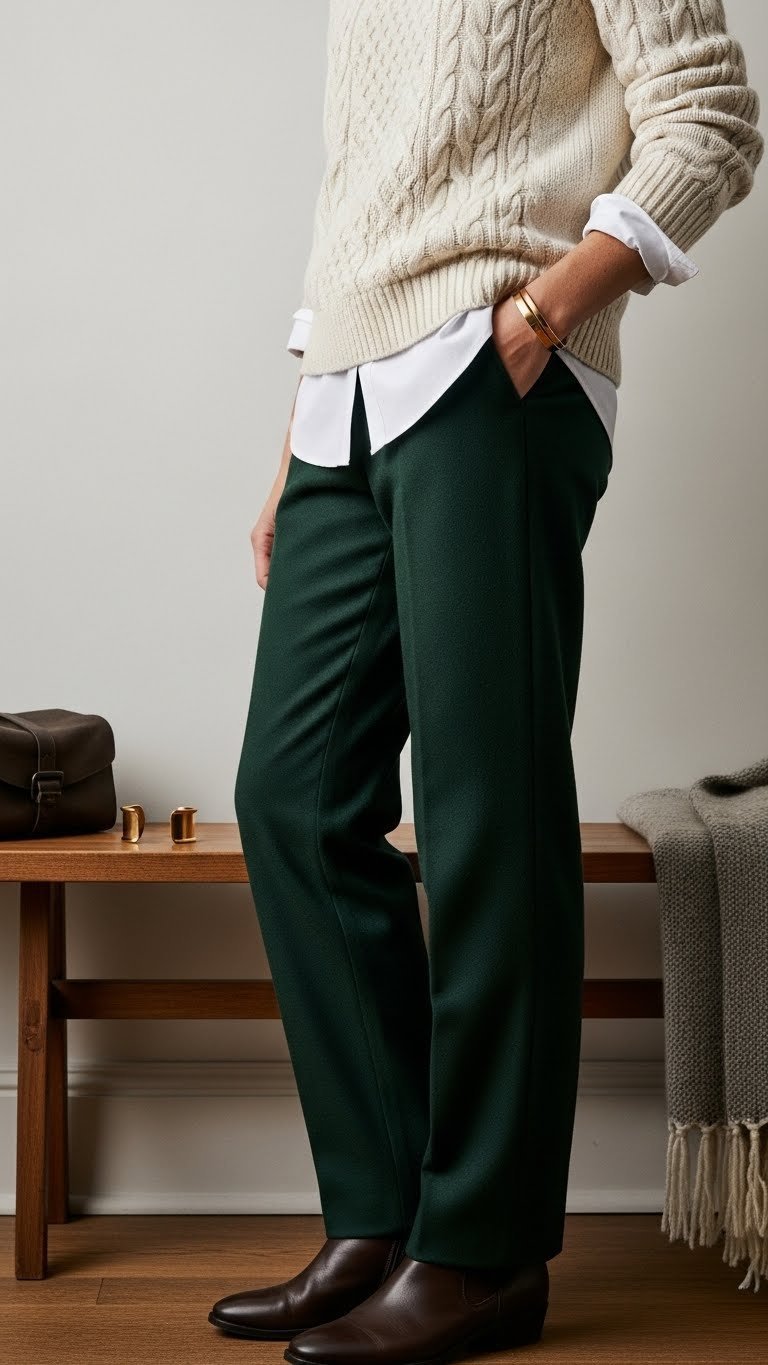 Dark green wool trousers, cream cable knit sweater over white shirt, brown leather boots; sophisticated layered style.