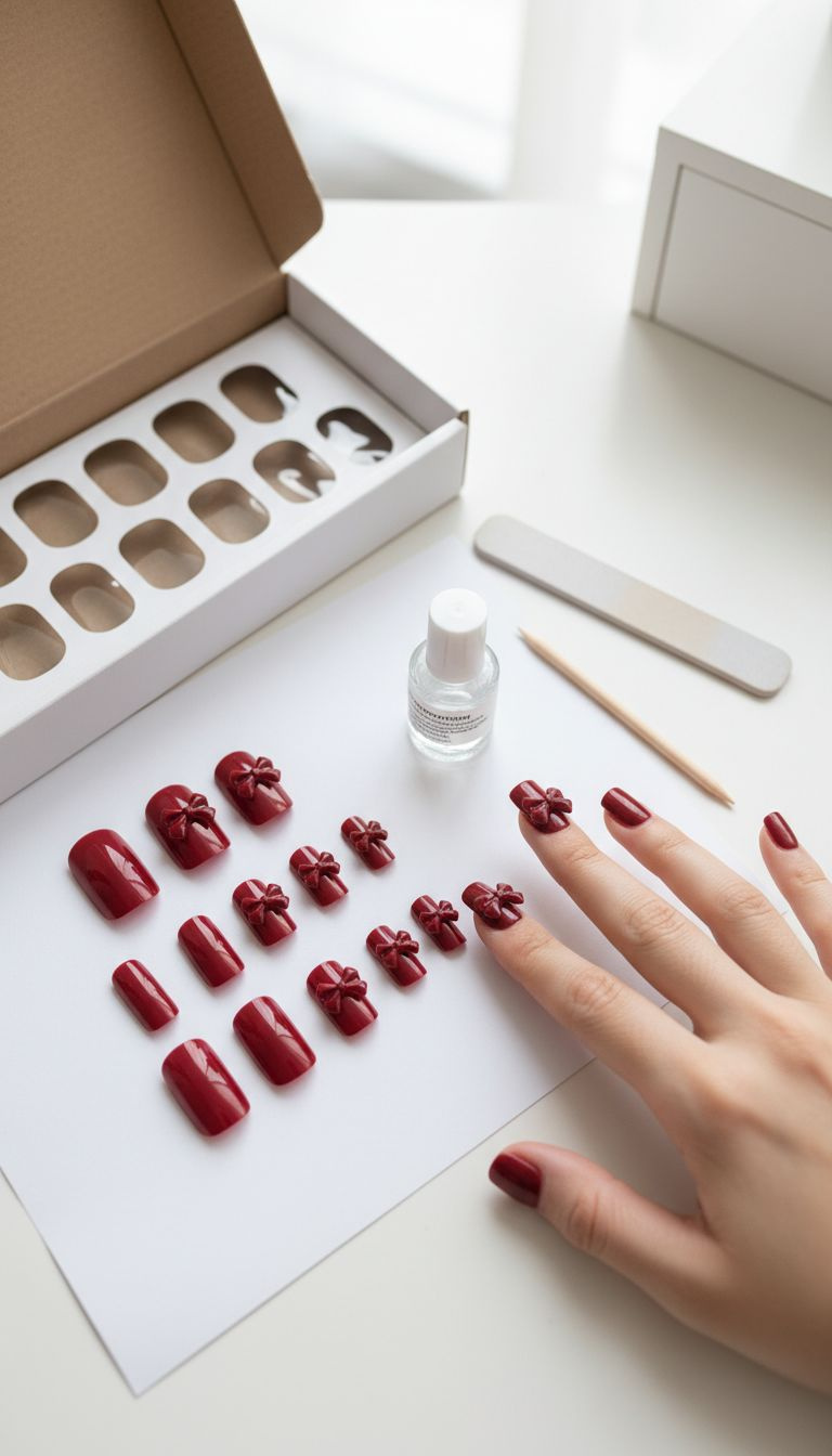 Dark red press-on nails with 3D bow embellishments, shown during application with glue, cuticle stick.