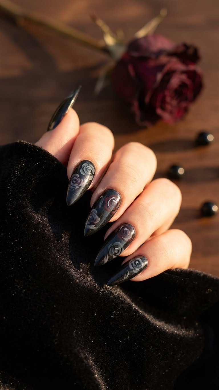 Dark romantic stiletto nails: metallic black base with subtle hand-painted gothic red and gray rose nail art design.