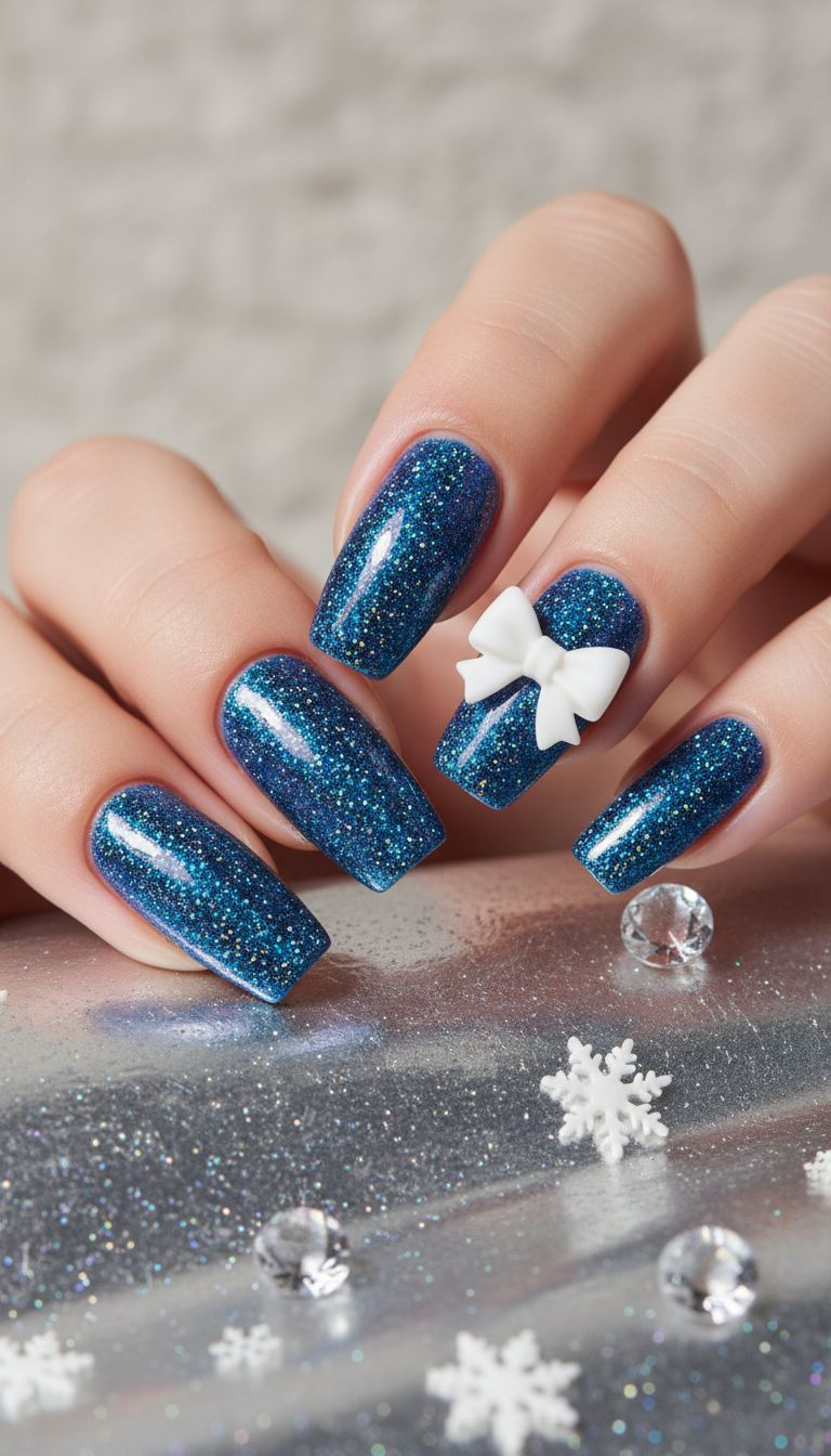 Dazzling holographic blue glitter nails with a delicate 3D white bow on the ring finger, featuring sparkling crystal accents.