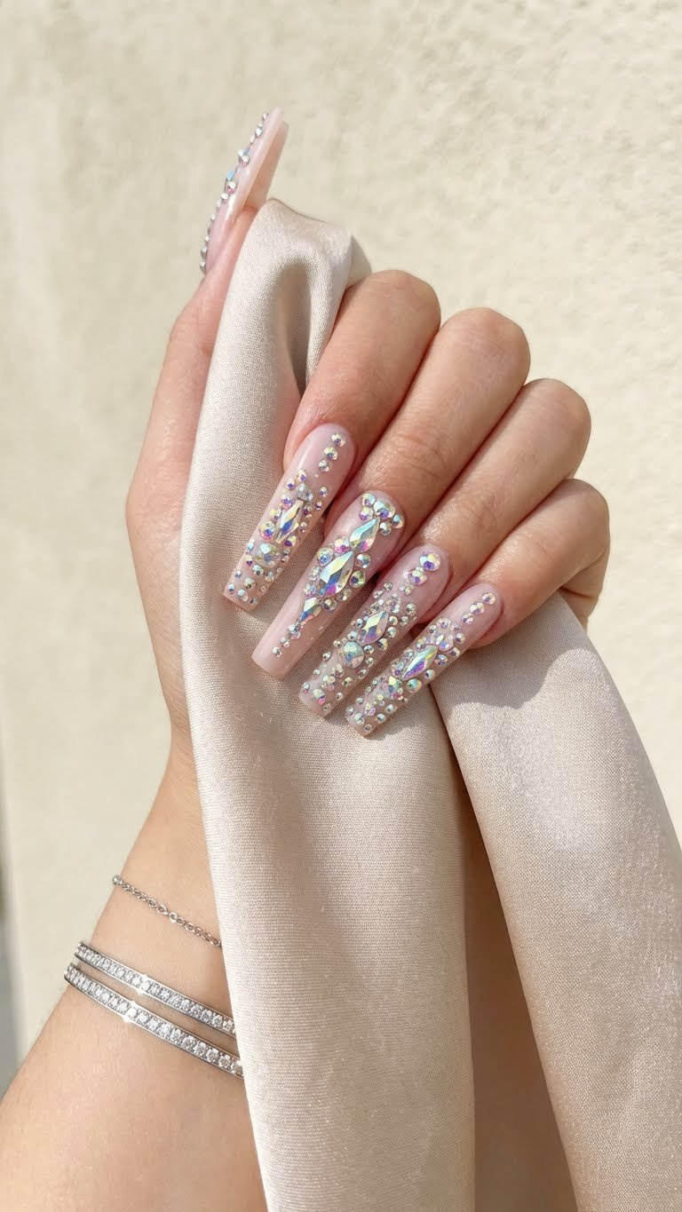 Dazzling rhinestone-encrusted coffin nails, shimmering 'bling bomb' effect over milky pink base. Luxurious, elegant manicure on silk scarf.