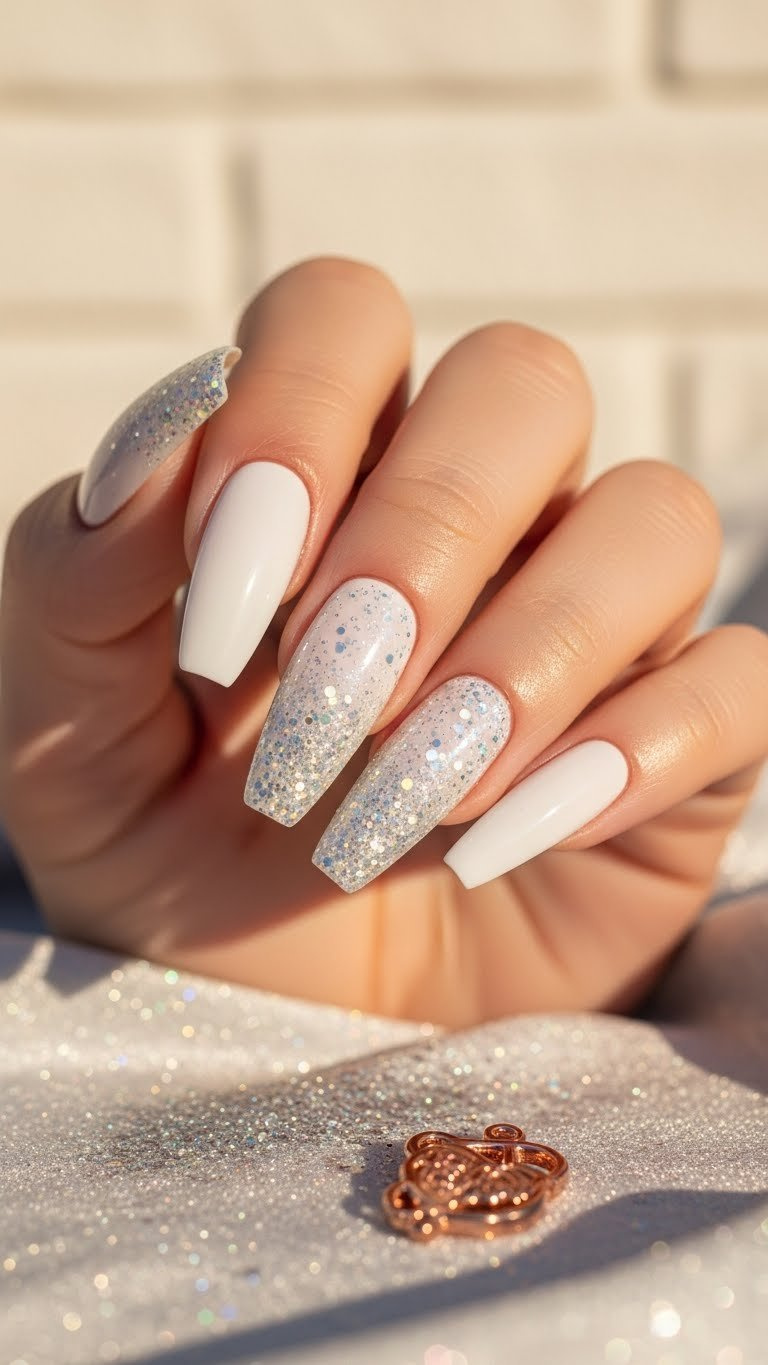 Dazzling white ombre almond nails with silver holographic glitter tips, sparkling and elegant. Perfect for modern nail trends.