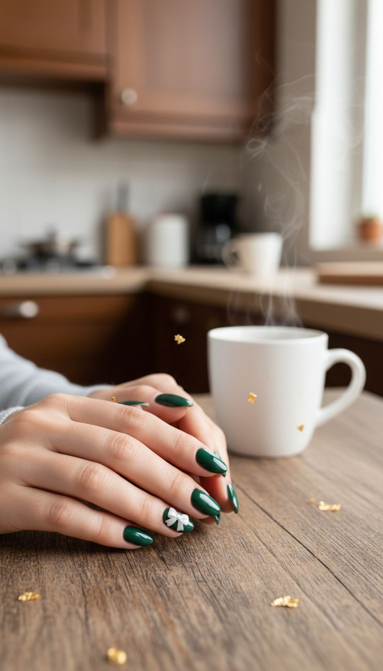 Deep forest green press-on almond nails with a large white bow decal accent on the ring finger. Customizable set.