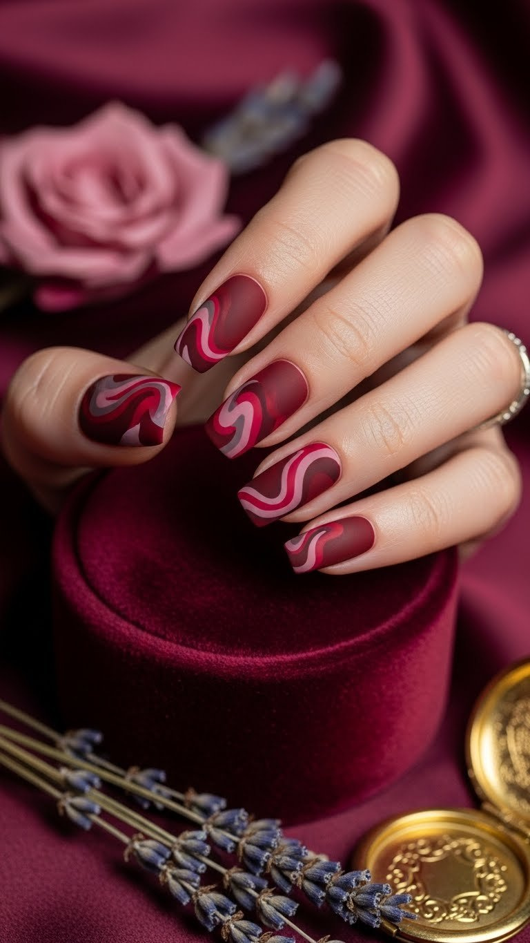 Deep red & muted pink velvet matte swirl nails. Sophisticated matte finish, dried lavender, gold locket on burgundy velvet cushion.