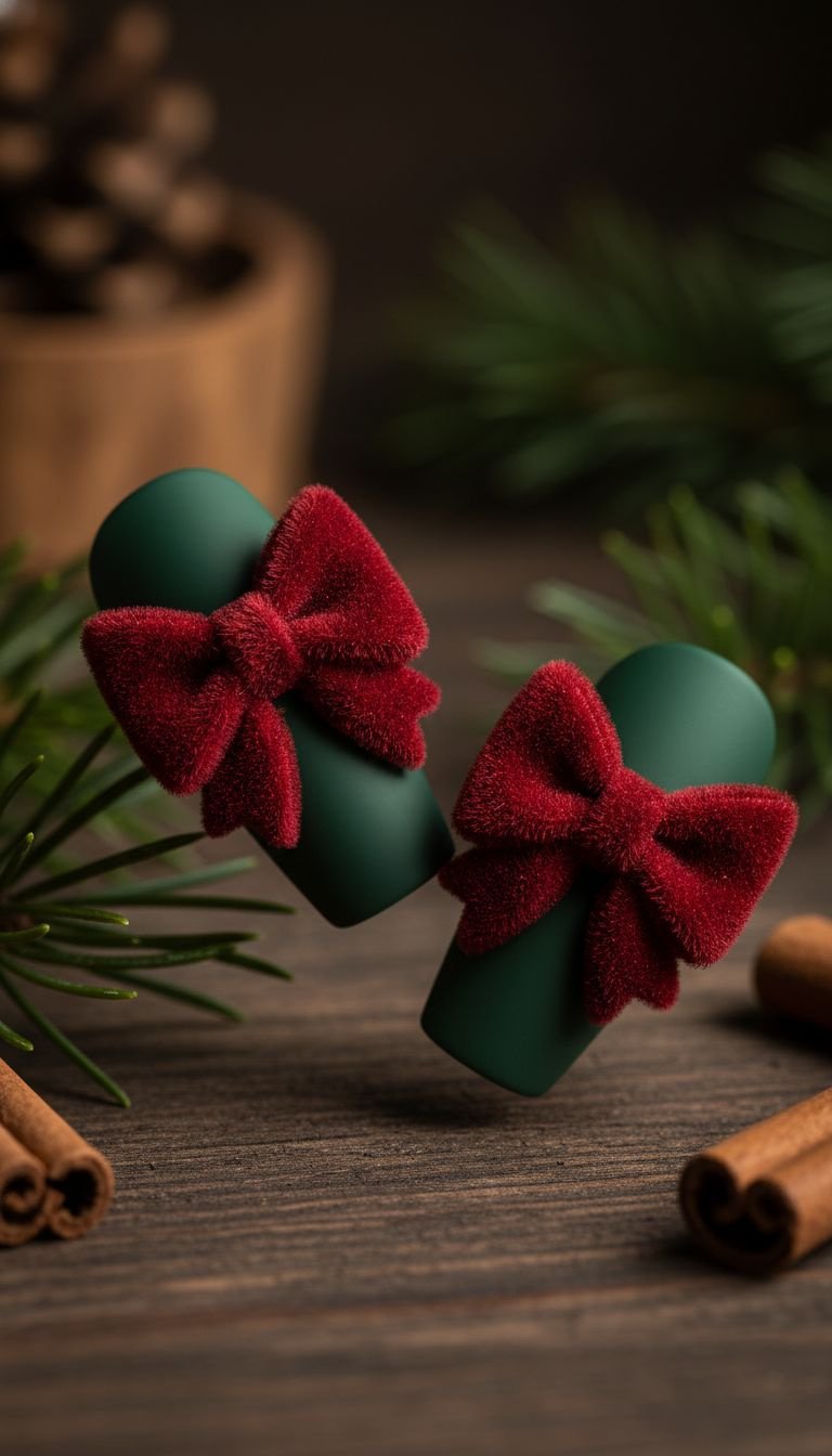Deep red velvet 3D bow nail art on matte black nails. Plush textured bow on rustic wood table with pine needles, dramatic lighting.