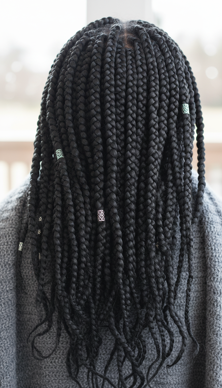 Defined Jumbo Senegalese Twists, styled loosely over shoulders. High-impact, low upkeep protective style with silver rings in black/gray.