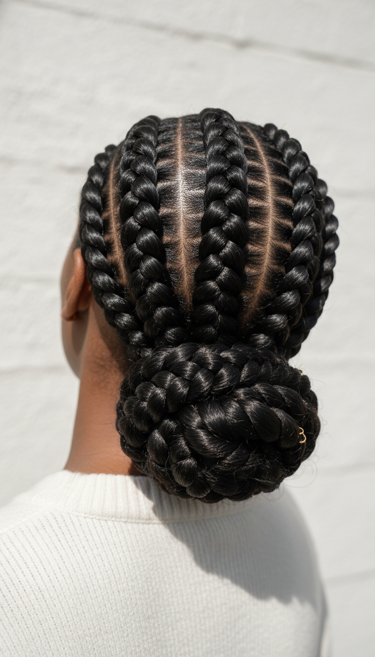 Defined jumbo cornrows sweeping into a low bun, featuring intricate feed-in technique and golden hair cuffs on a textured wall.