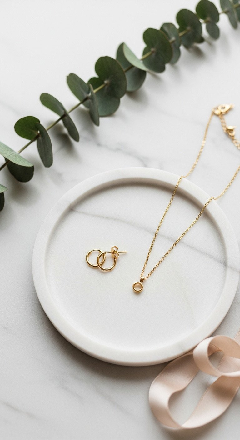 Delicate 14k gold pendant necklace and matching hoop earrings displayed on a white marble tray with a eucalyptus sprig.