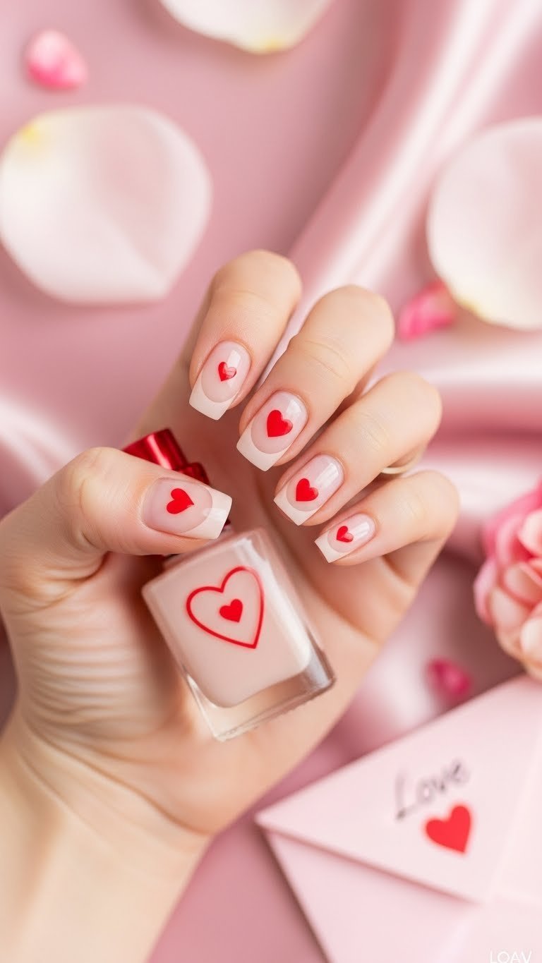 Delicate negative space heart nail art on short old money nails with sheer blush pink polish, a love note, and petals.
