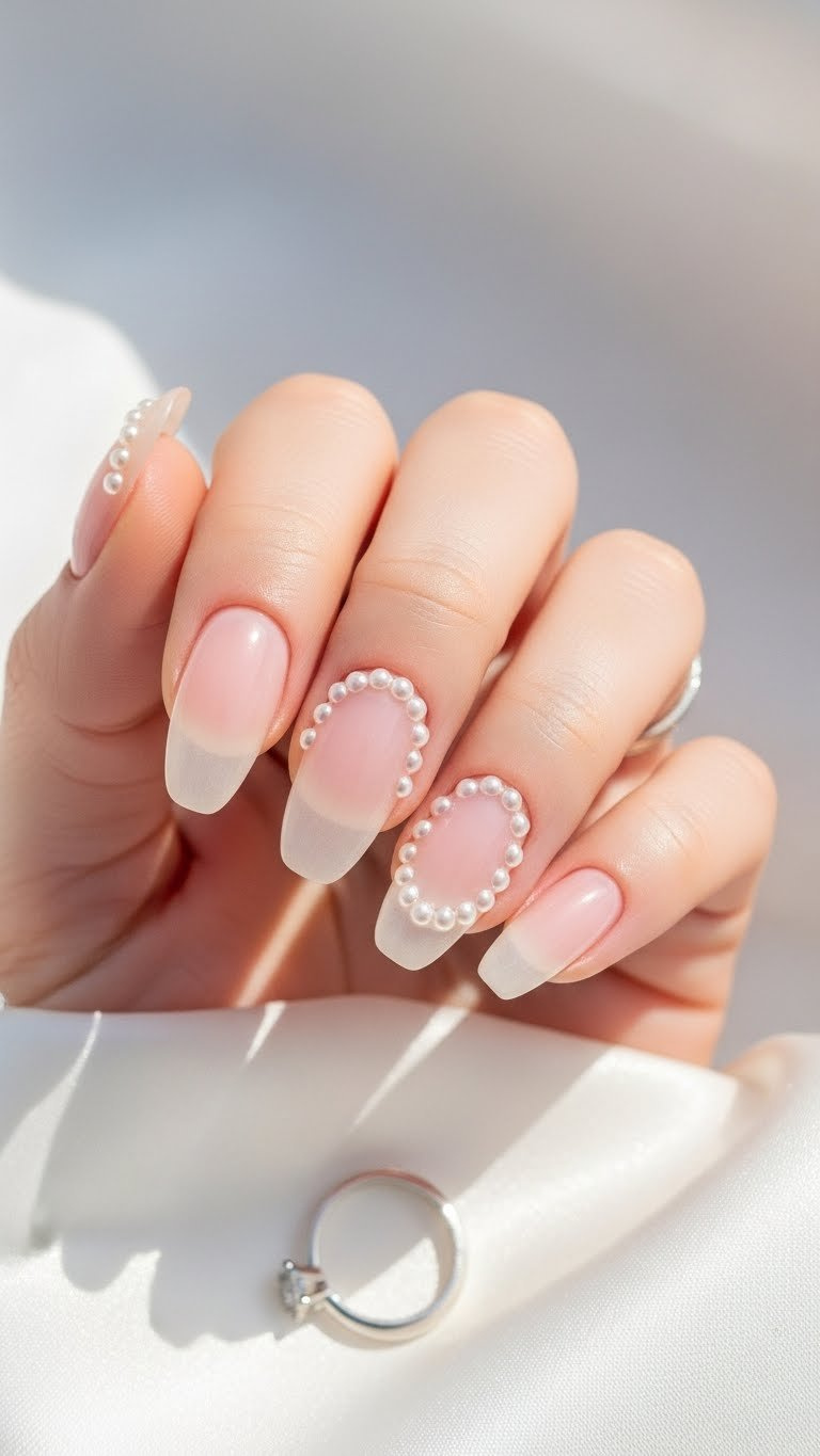 Delicate oval nails with sheer pink polish and tiny white pearl embellishments near the cuticle, complemented by a silver ring.