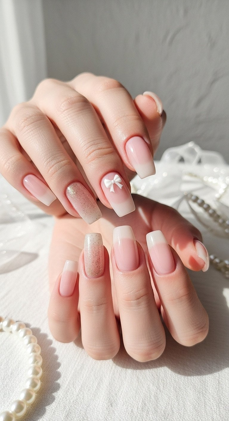 Delicate sheer milky pink manicure on medium square nails with a subtle white bow decal, a high-gloss finish, and a pearl.