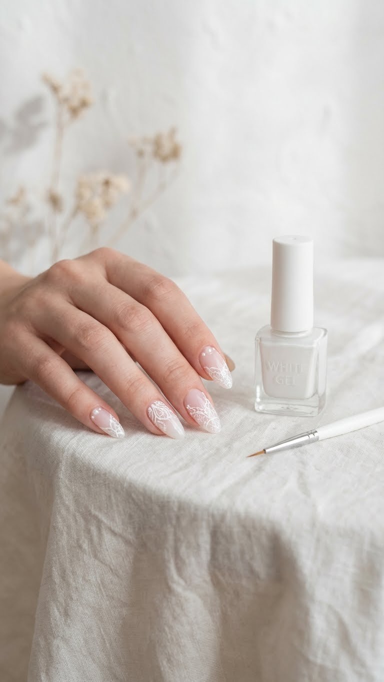 Delicate sweetheart lace nails with white frills, pearl accents, and intricate line work, styled as a flat lay on linen.