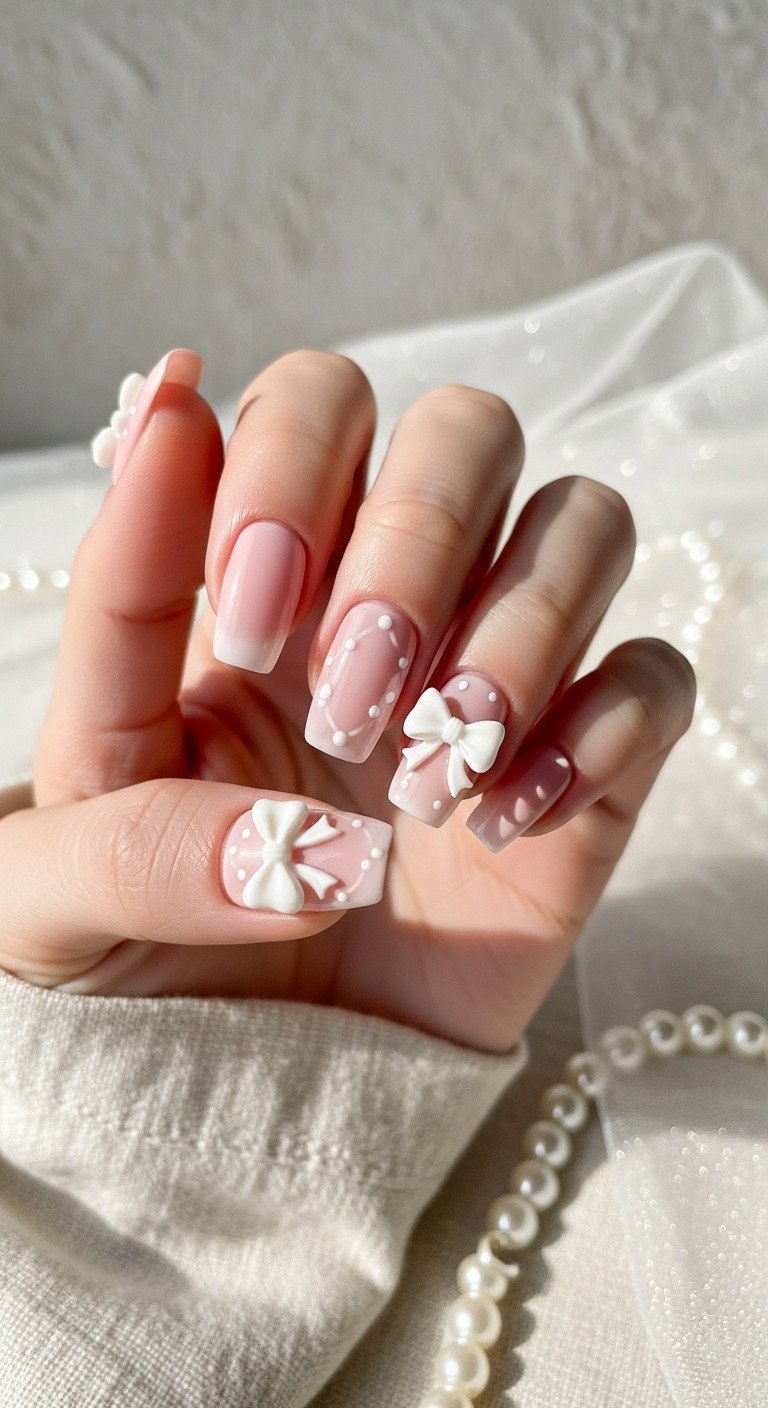 Delicate white 3D resin bow tie nail art on ballerina pink, coquette trend, subtle Christmas manicure, linen fabric, pearls.