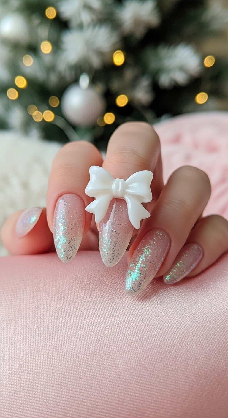 Delicate white resin bow charm nail art on an almond nail, with iridescent glitter, on a pink silk pillow and Christmas lights.