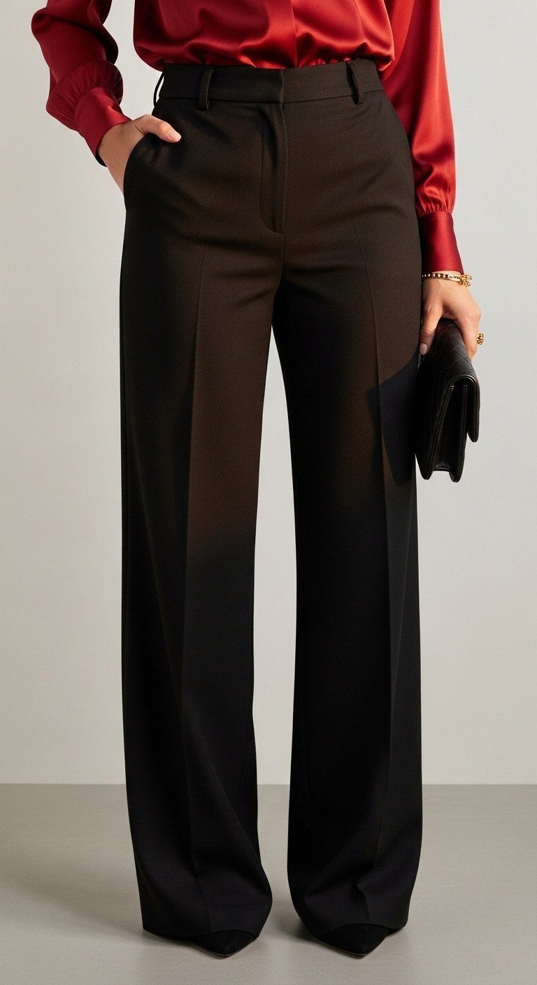 Detail shot of a ruby red silk blouse tucked into black wide-leg trousers, showing fabric textures and a gold bracelet.