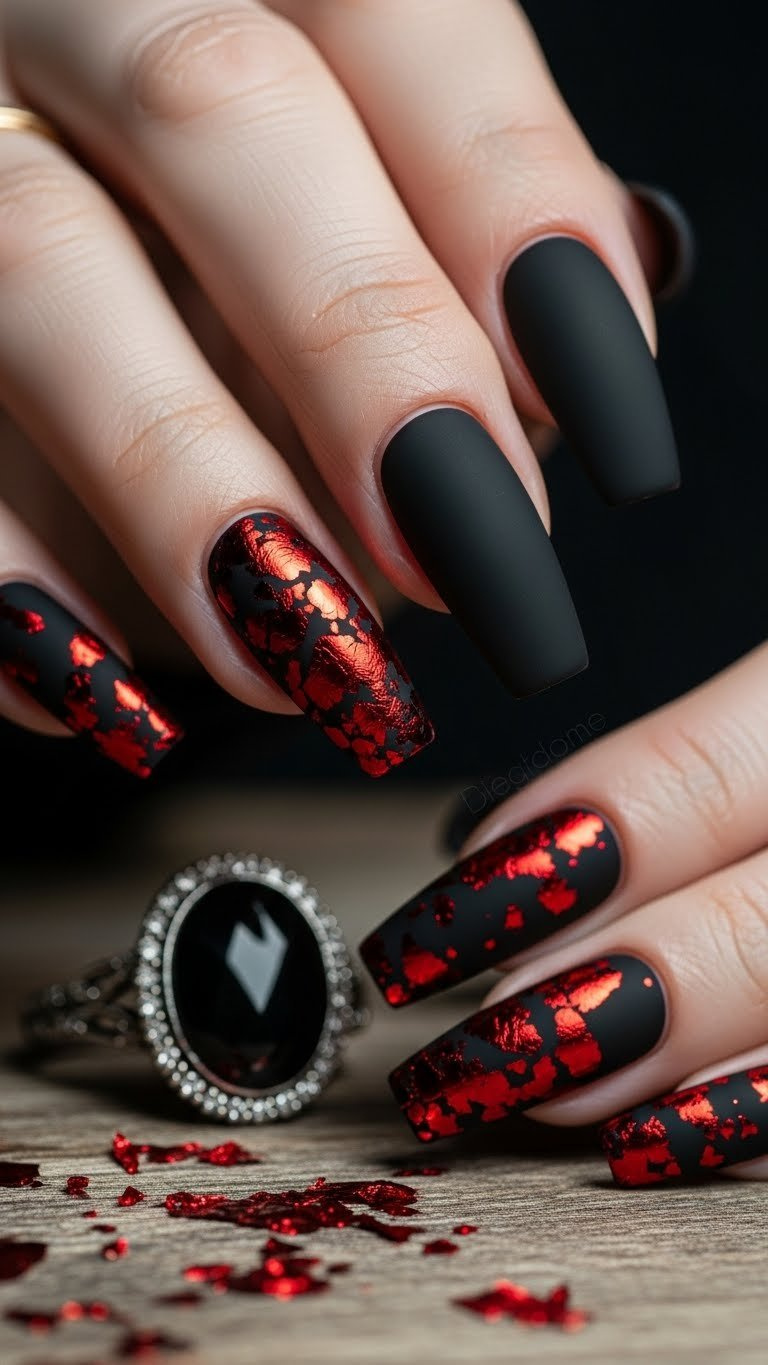 Dramatic Bold Black Matte Coffin Nails with red metallic foil flakes, accented by an elegant dark ring. Modern Valentine's nail art.
