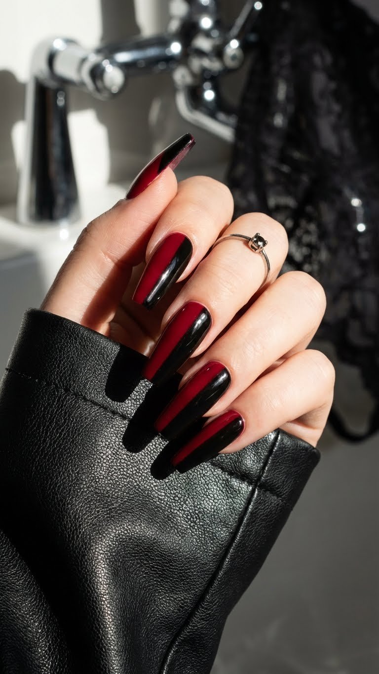 Dramatic black and deep red color-block gel nails with high-gloss finish, coffin shape, on black leather surface.