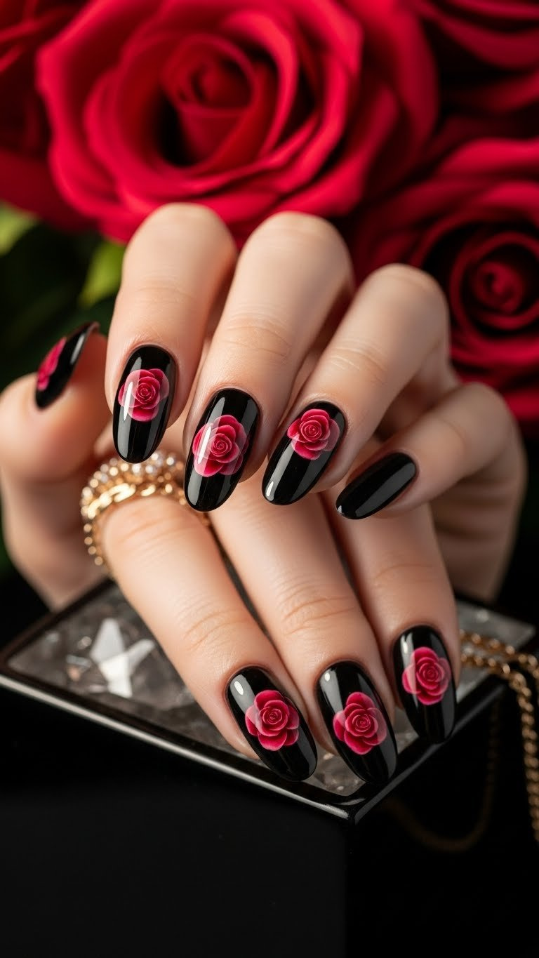 Dramatic glossy black oval nails with vibrant crimson red blooming rose art, on black glass, with gold jewelry.