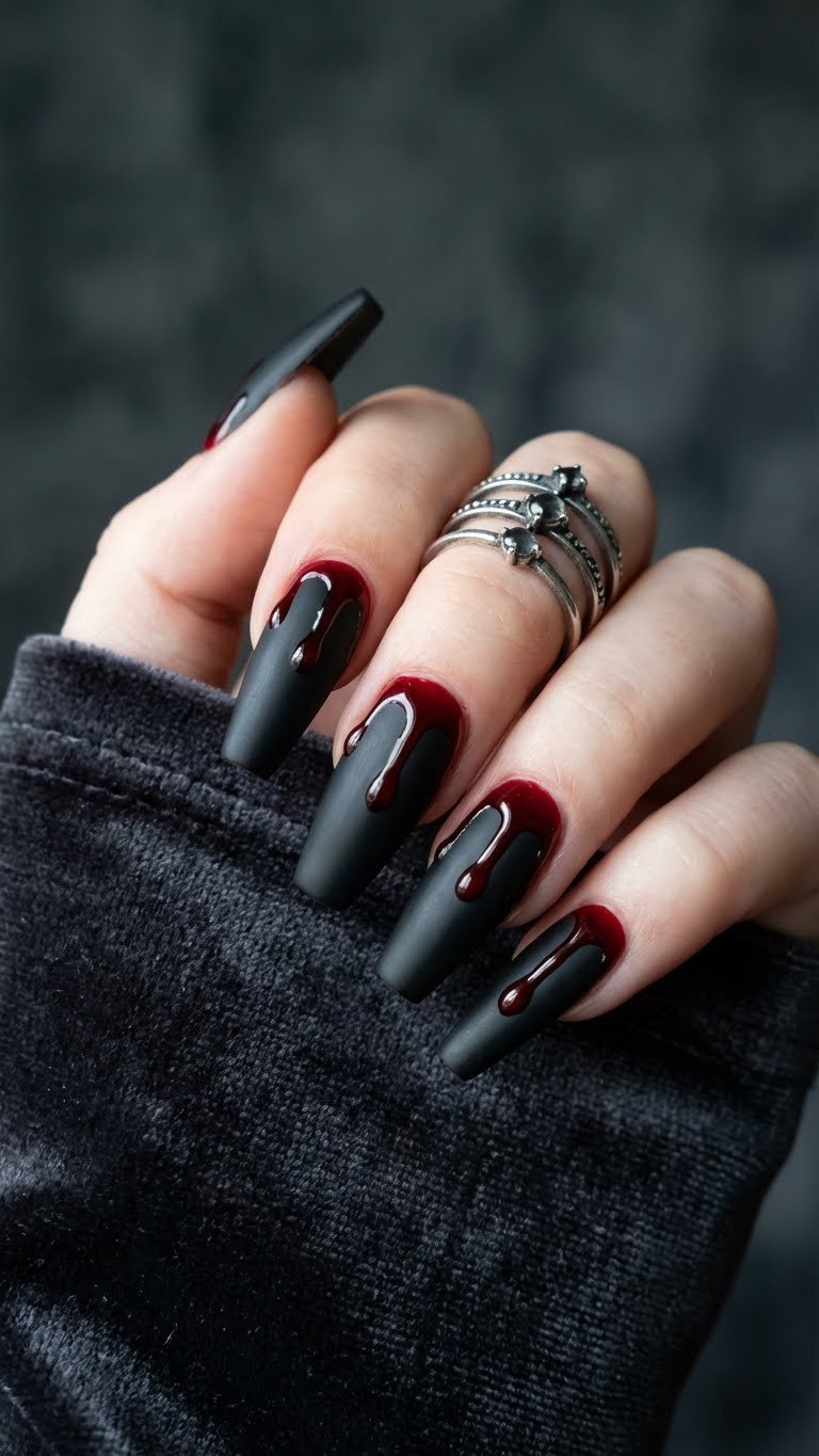 Dramatic matte black coffin nails with glossy red blood drip nail art, accented by silver rings on a dark textured surface. Edgy goth style.