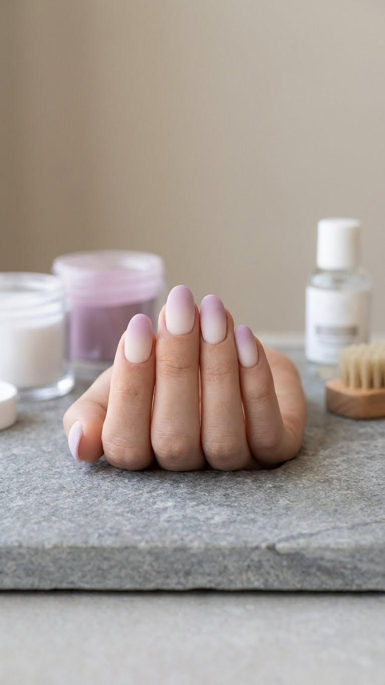 Durable ombre dip powder nails, white to light purple-pink. Smooth finish on stone, with dip powder jars.