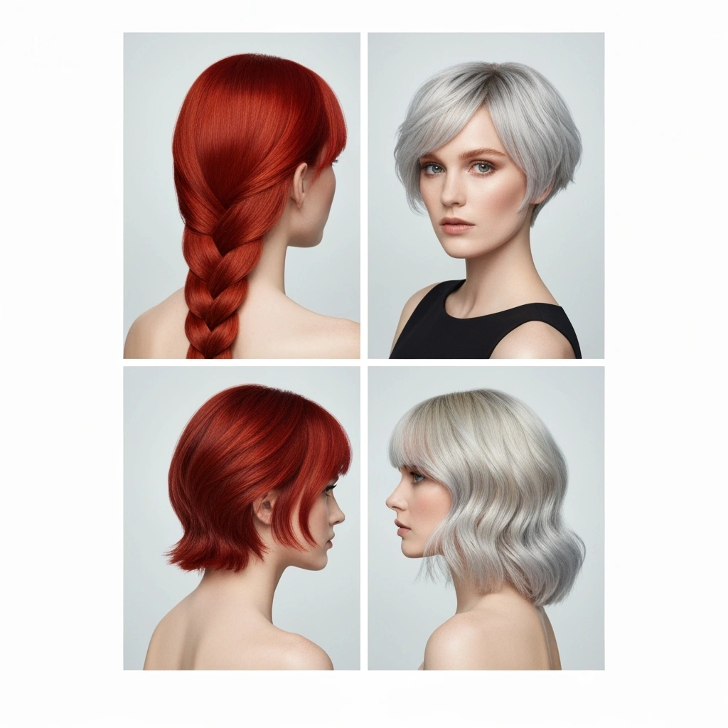 Dynamic triptych showing Aespa Winter's versatile hairstyles: red braid, short cut, and blonde wavy look.