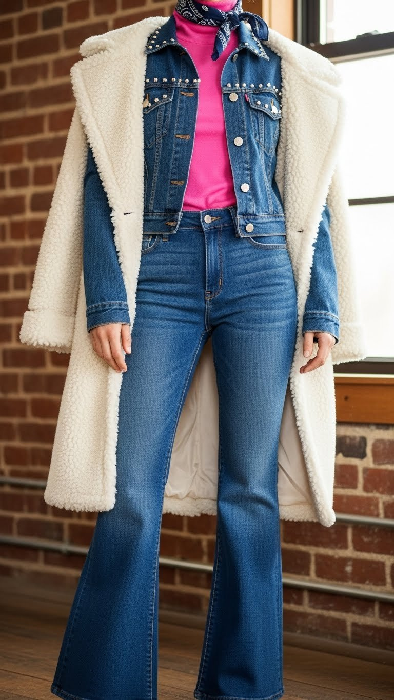Early 2000s fashion: model in low-rise flared jeans, denim jacket, pink turtleneck, fuzzy shearling coat, bandana.