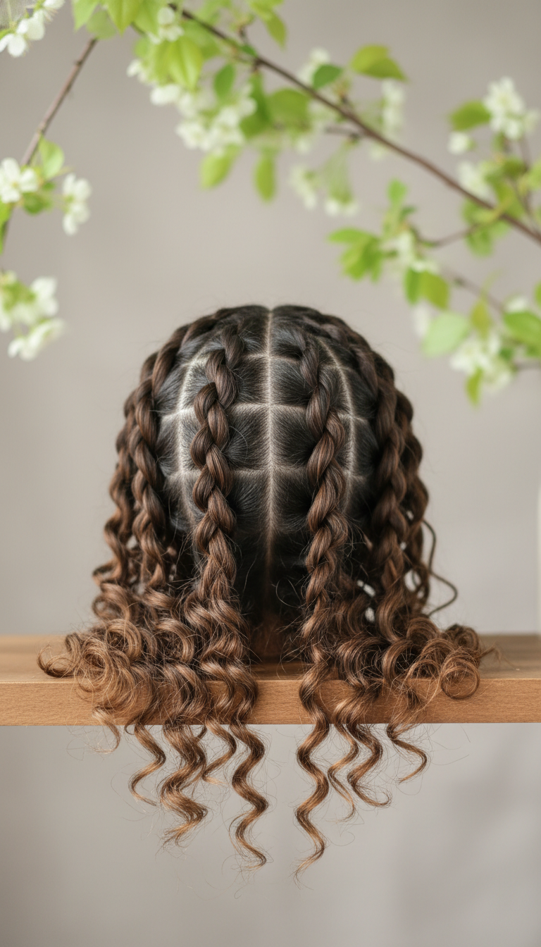 Easy two-strand flat twists on medium hair, neat close-to-scalp, defined parts, natural curls. Fresh greens and natural woods.