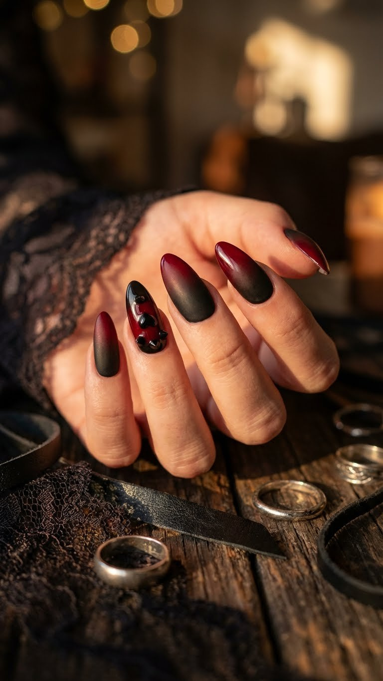 Edgy almond nails featuring matte black to deep red ombre and micro heart stud. Vampy manicure on dark wood with dramatic night lighting.