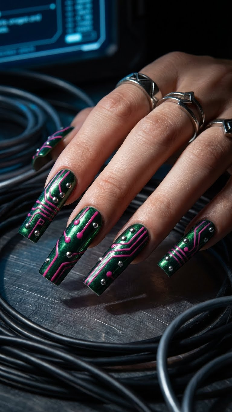Edgy futuristic y2k Valentine nails: square, metallic green with hot pink circuit patterns & silver studs.