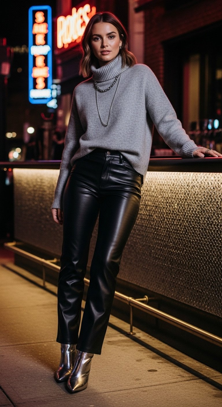 Edgy holiday outfit with black faux leather pants, an oversized grey cashmere turtleneck, and silver metallic ankle boots in the city.
