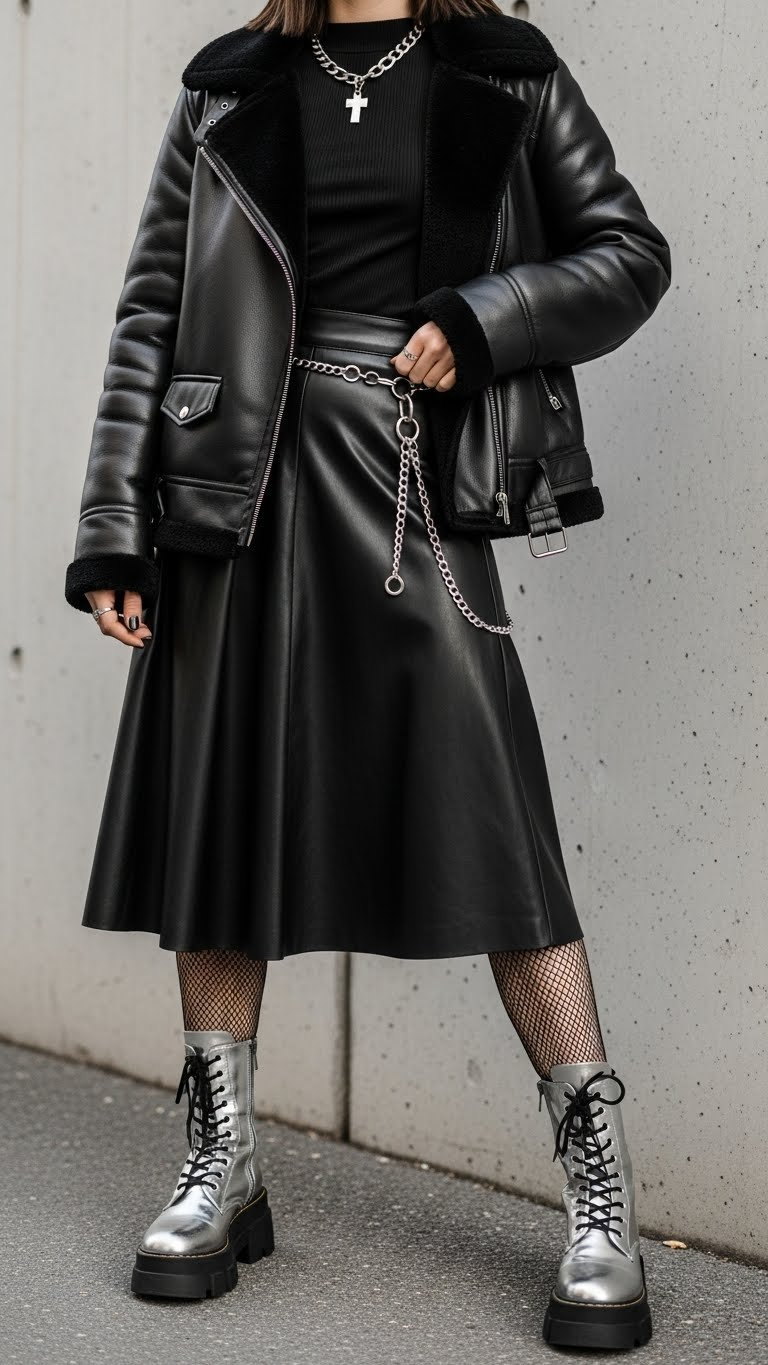 Edgy individual in layered black leather jacket with faux fur, midi skirt, fishnet tights, silver chain belt, and combat boots.