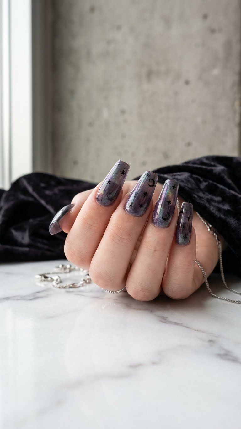 Edgy iridescent y2k Valentine nails: smoky purple/gray, subtle shimmer, black stars, tapered square shape.