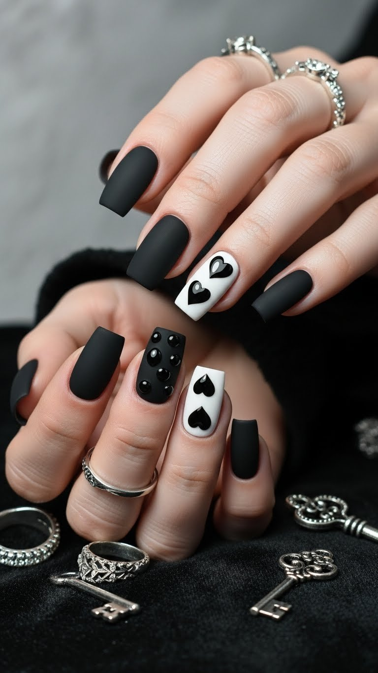 Edgy matte black Queen of Hearts nail art on short square nails. Glossy raised heart accents, silver rings. Sophisticated style.