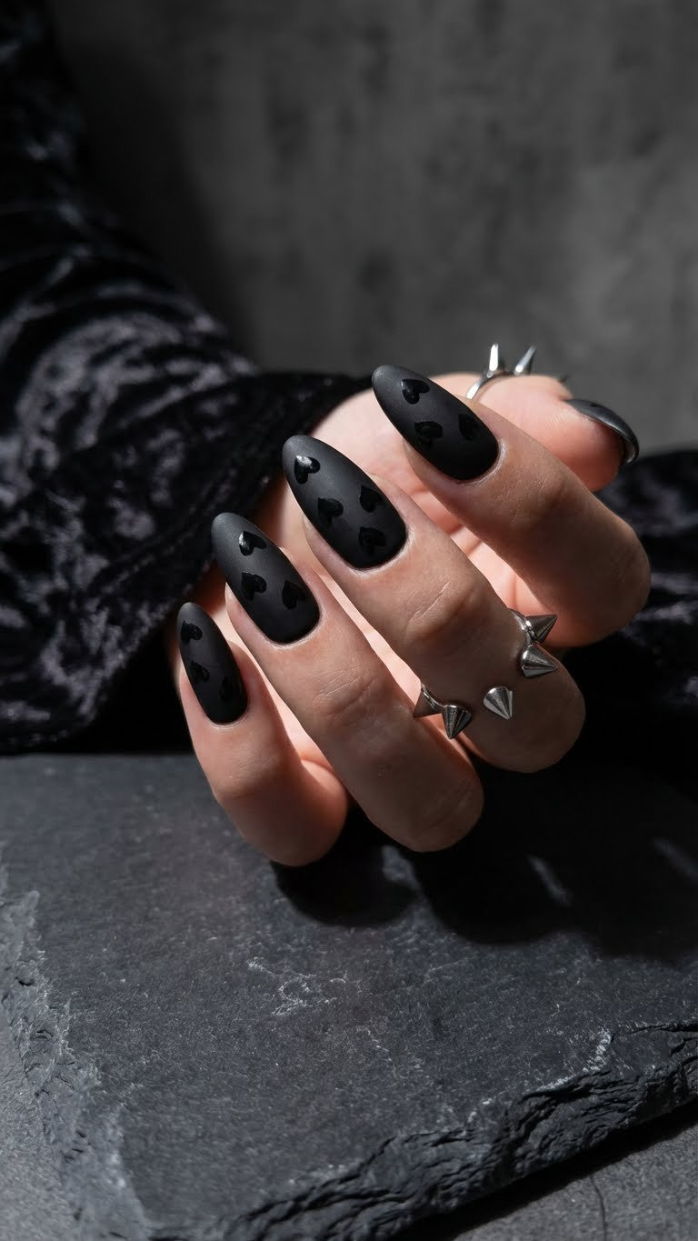 Edgy matte black heart nails with glossy hearts. Stiletto shaped, tone-on-tone, silver jewelry on dark stone.