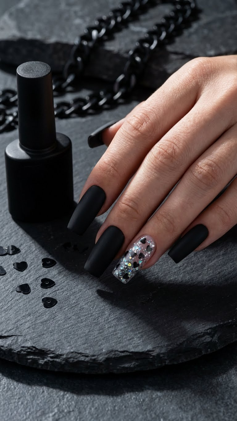Edgy matte black square nails with anti-valentine encapsulated holographic silver glitter and black heart confetti accent.